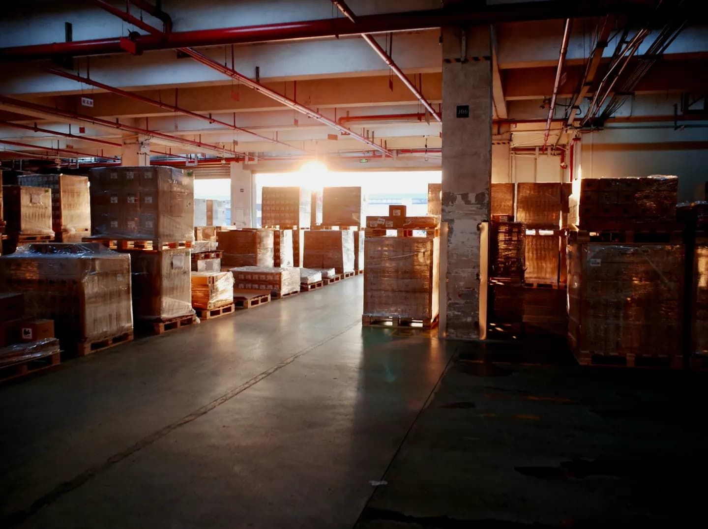 Logistics warehouse with packages on shelves